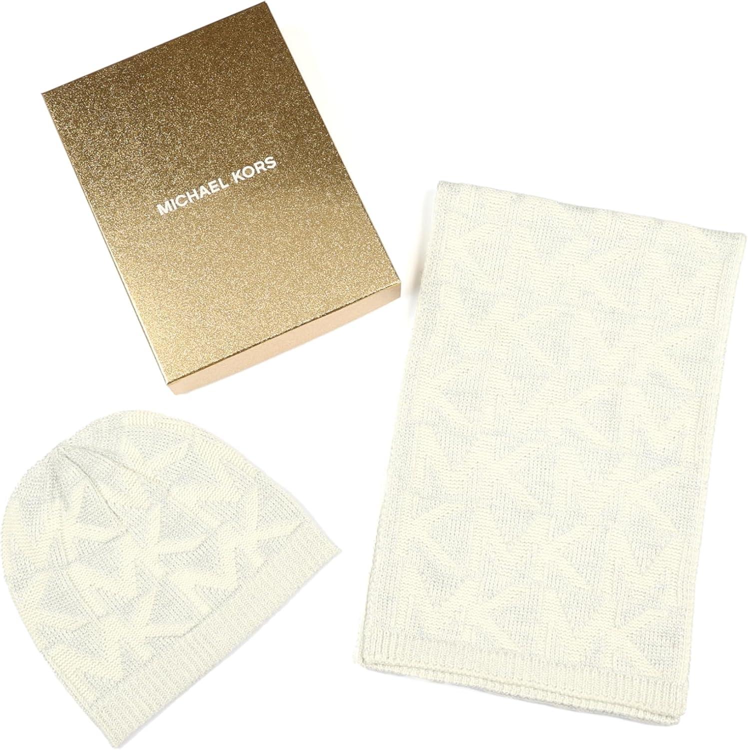 imageMichael Kors Womens Metallic Beanie ampamp Scarf Set Stylish ampamp Warm Fashion Accessories for Cold WeatherCream