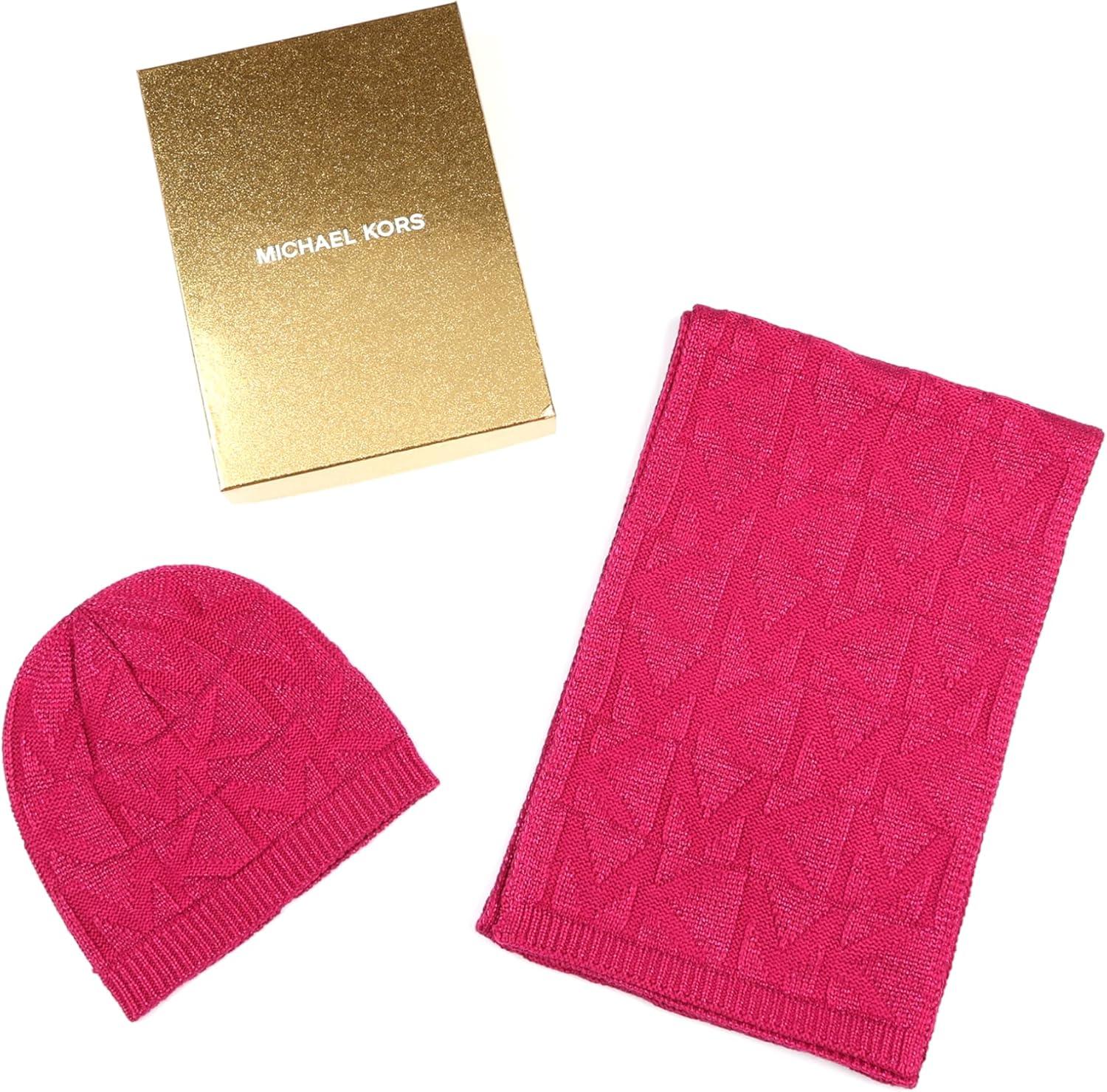 imageMichael Kors Womens Metallic Beanie ampamp Scarf Set Stylish ampamp Warm Fashion Accessories for Cold WeatherDeep Fuchsia