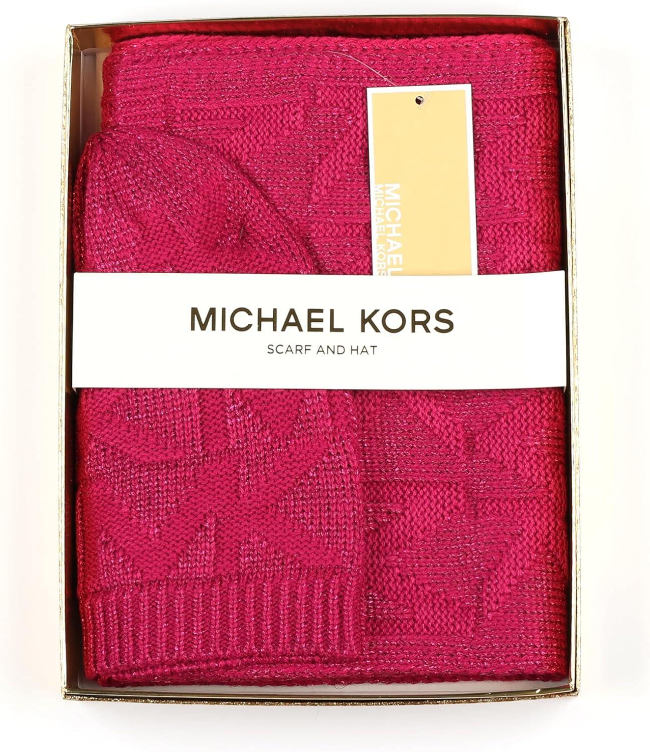 imageMichael Kors Womens Metallic Beanie ampamp Scarf Set Stylish ampamp Warm Fashion Accessories for Cold WeatherDeep Fuchsia