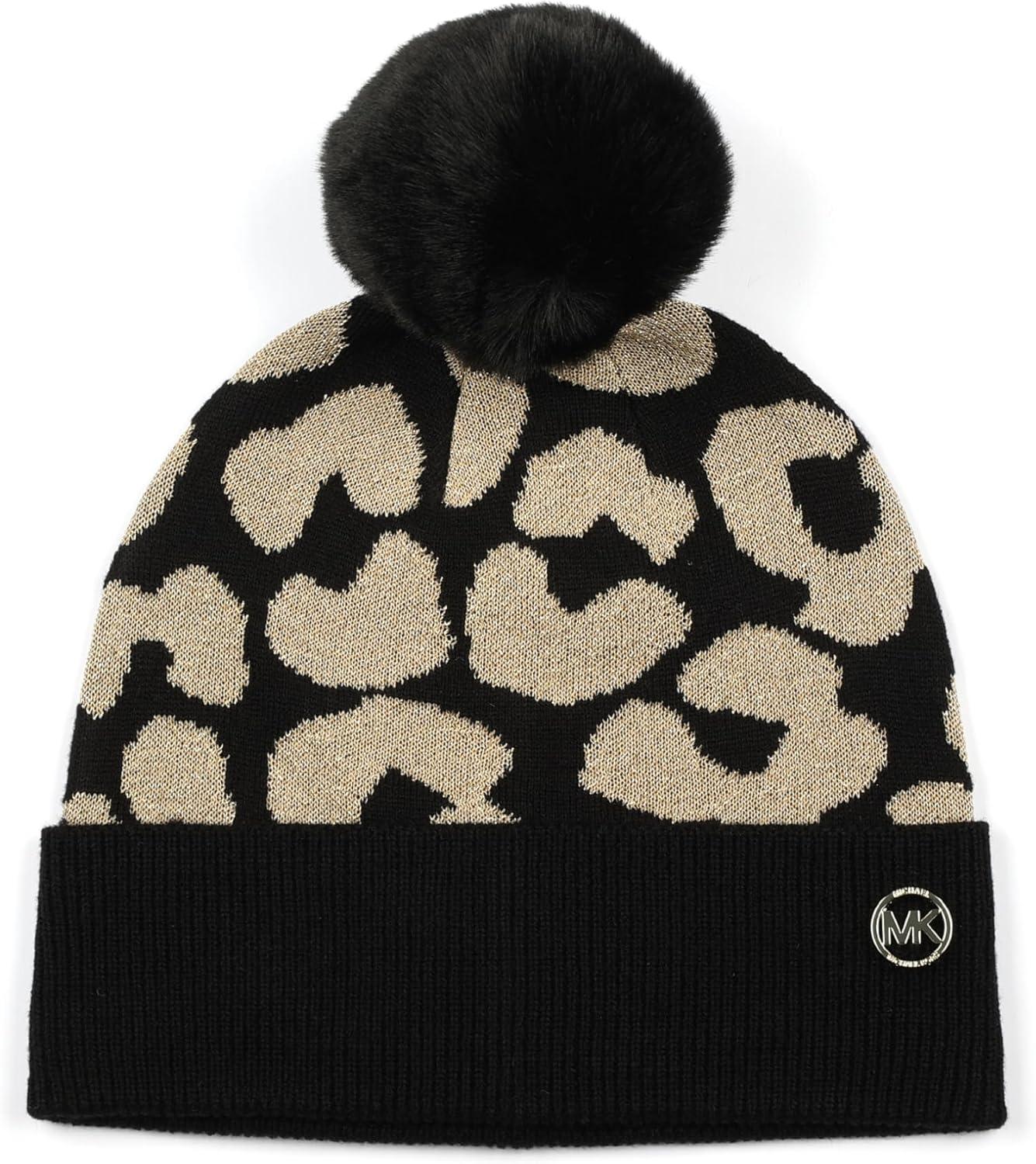imageMichael Kors Womens Metallic Leopard Cuff Hat Stylish Beanie ampamp Fashion Accessory CapBlack Gold Metallic