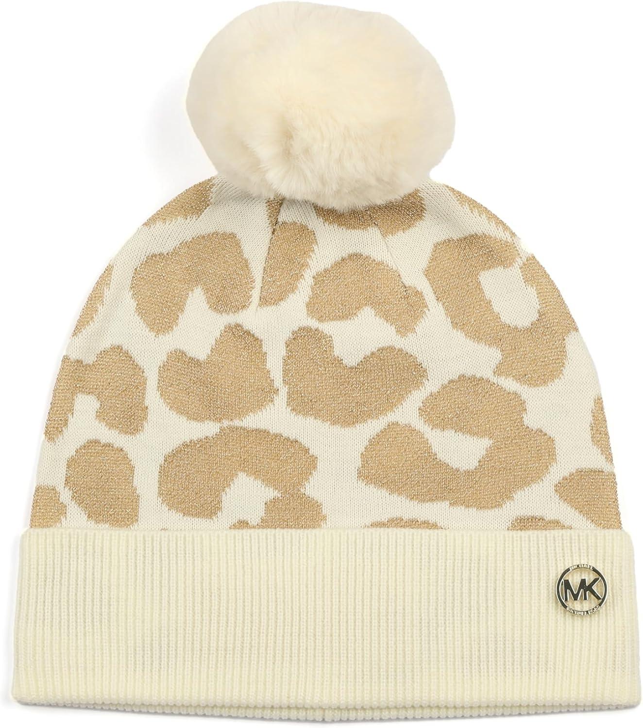 imageMichael Kors Womens Metallic Leopard Cuff Hat Stylish Beanie ampamp Fashion Accessory CapCream Gold Metalli