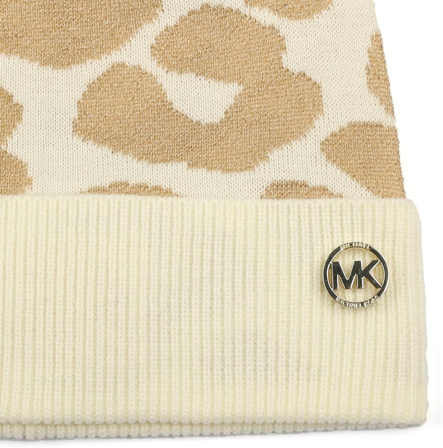 imageMichael Kors Womens Metallic Leopard Cuff Hat Stylish Beanie ampamp Fashion Accessory CapCream Gold Metalli