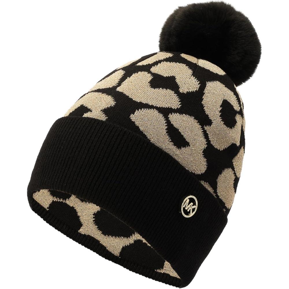 imageMichael Kors Womens Metallic Leopard Cuff Hat Stylish Beanie ampamp Fashion Accessory CapBlack Gold Metallic