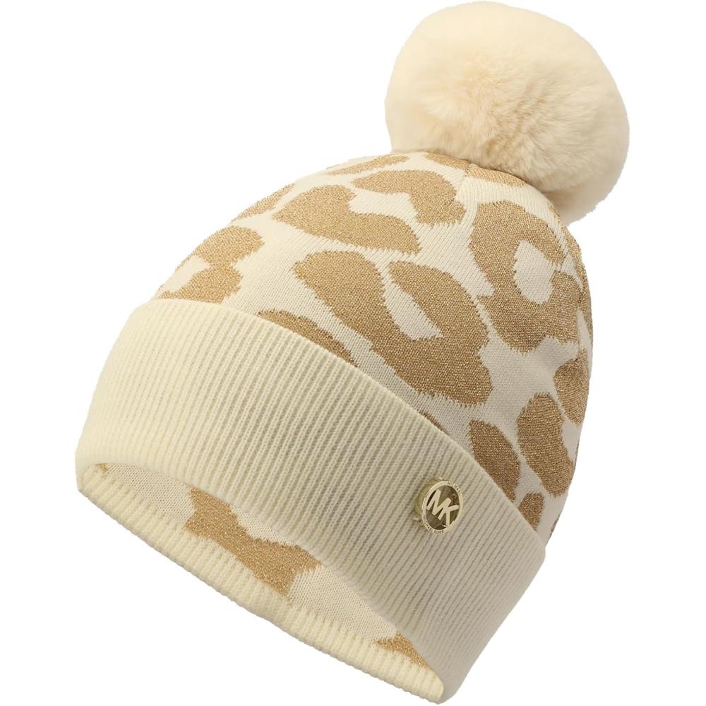 imageMichael Kors Womens Metallic Leopard Cuff Hat Stylish Beanie ampamp Fashion Accessory CapCream Gold Metalli