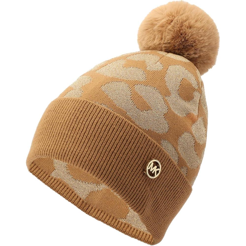 imageMichael Kors Womens Metallic Leopard Cuff Hat Stylish Beanie ampamp Fashion Accessory CapDark Camel Gold Me