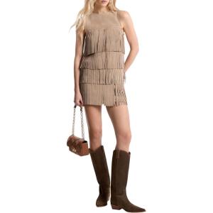 imageMichael Kors Womens Suede Tiered Mini Dress Dune L Womens Suede Tiered Mini Dress