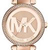imageMichael Kors Parker Womens Watch Stainless Steel and Pav Crystal Watch for Women with Steel Leather or Silicone BandRose Gold Logo