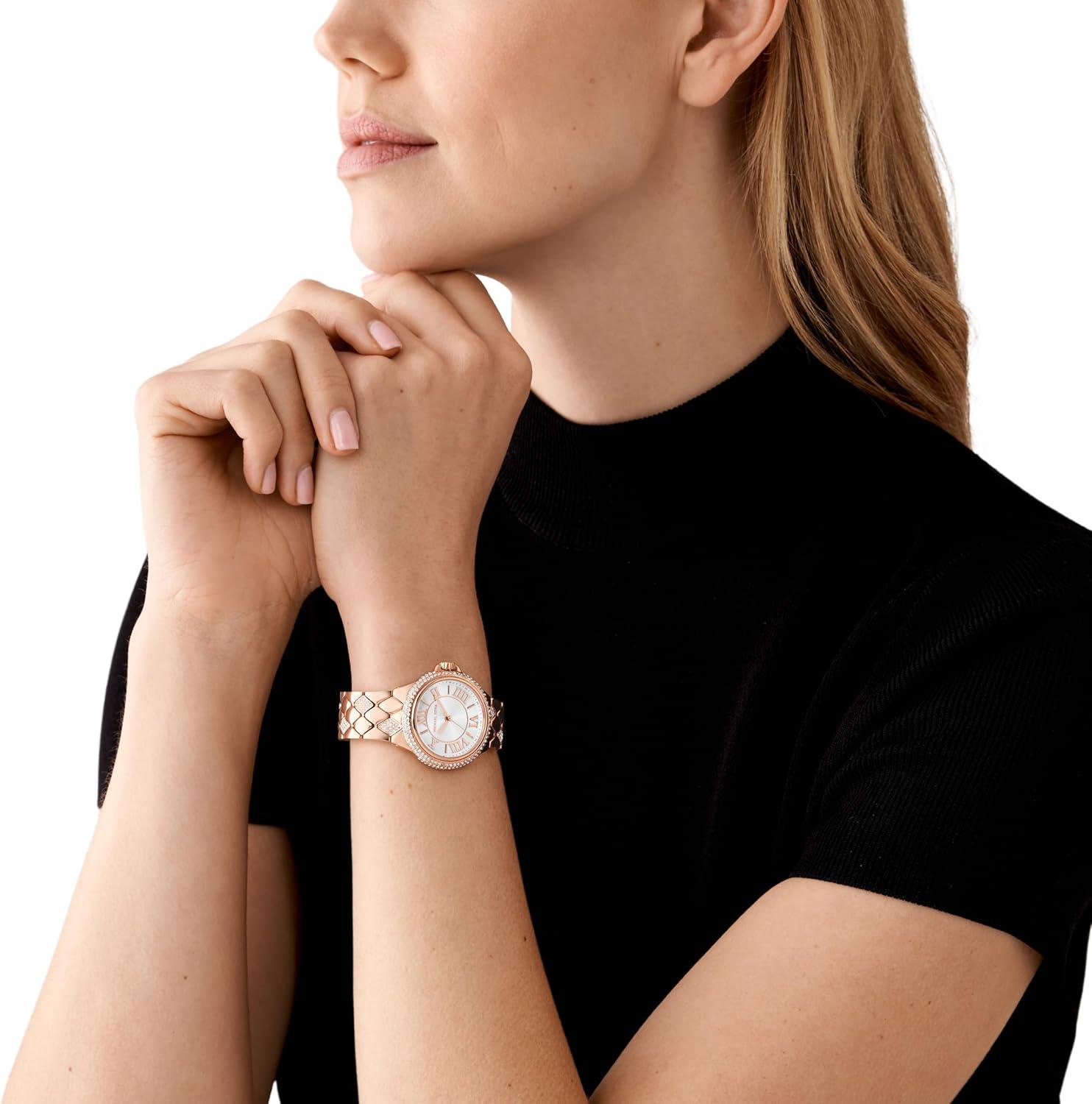 imageMichael Kors Mini Camille Womens Watch Stainless Steel Watch for Women with Steel or Leather BandRose Gold Pave Quilt