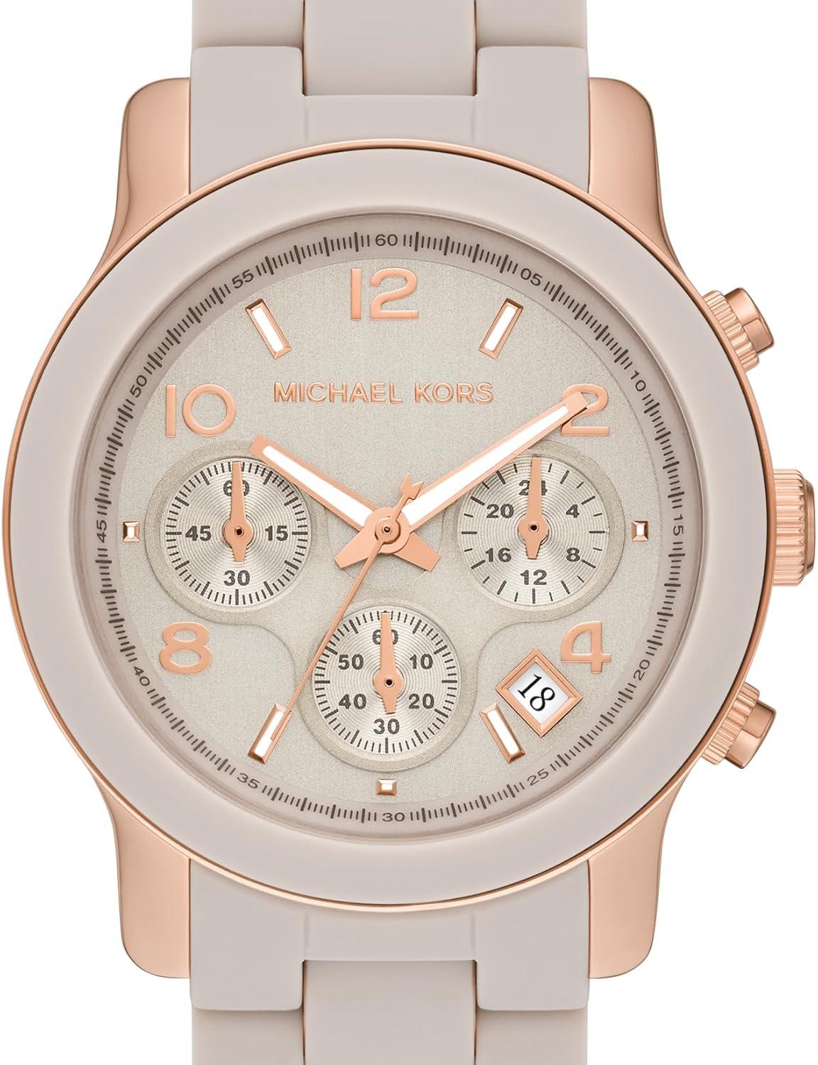 imageMichael Kors Runway Womens Watch Stainless Steel Watch for Women with Steel Ceramic or Silicone BandRose GoldBeige