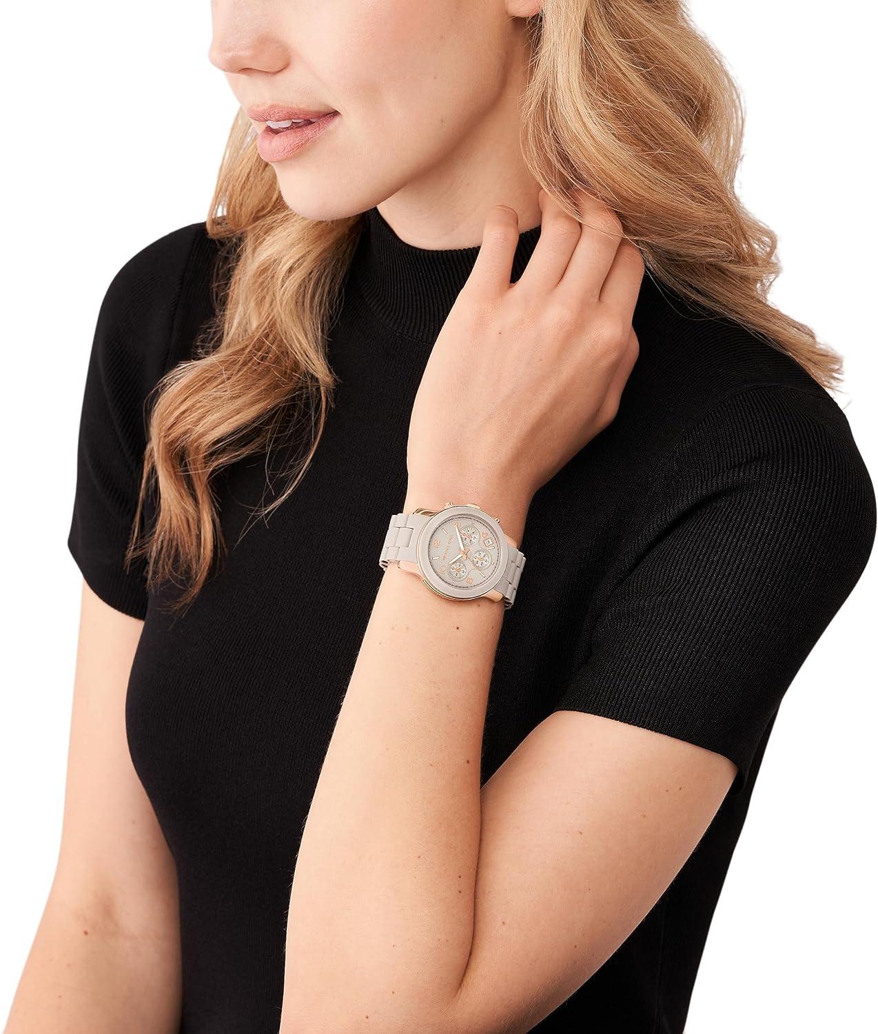 imageMichael Kors Runway Womens Watch Stainless Steel Watch for Women with Steel Ceramic or Silicone BandRose GoldBeige