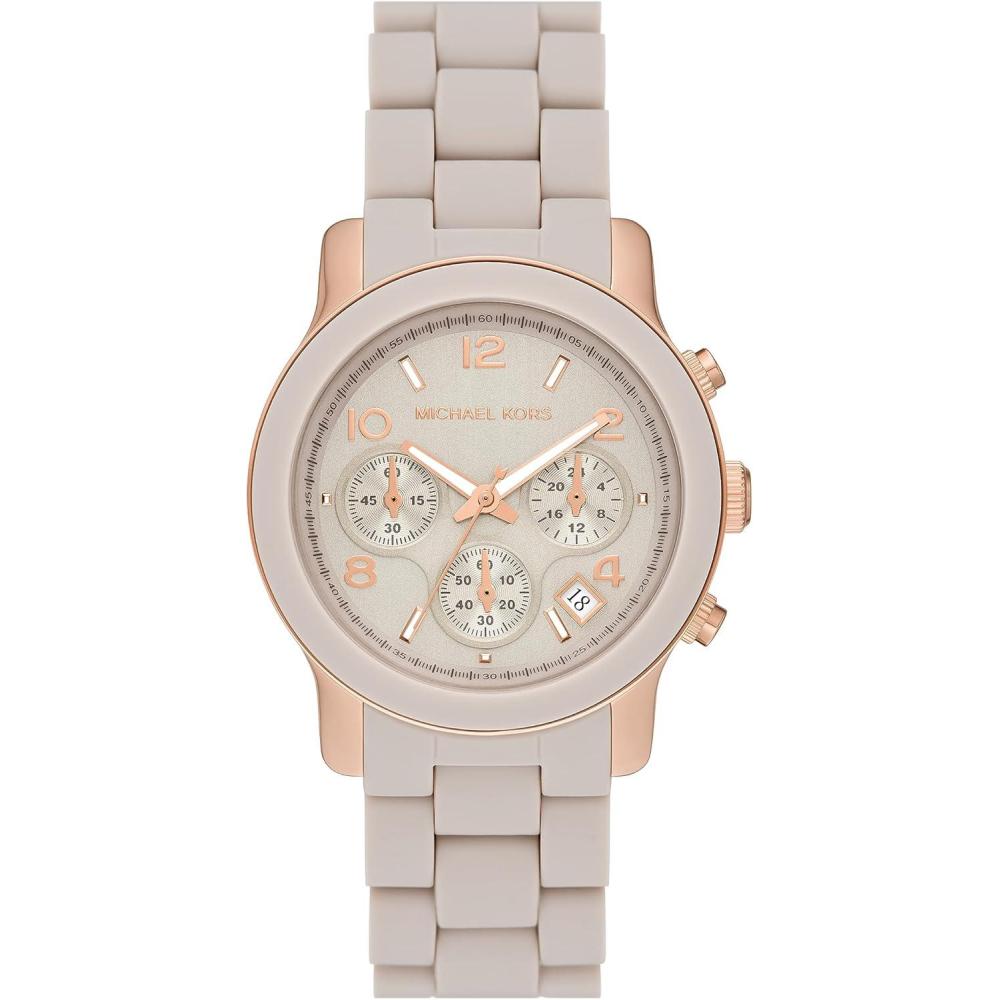 imageMichael Kors Runway Womens Watch Stainless Steel Watch for Women with Steel Ceramic or Silicone BandRose GoldBeige