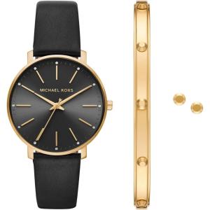 imageMichael Kors Pyper ThreeHand Black Leather Womens Watch and Jewelry Gift Set Model MK1077SET