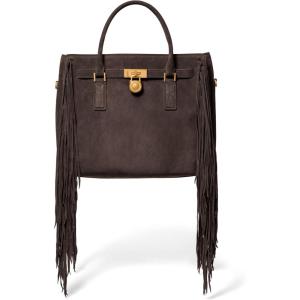 imageMichael Kors Hamilton Nomad Large Satchel Antique GoldTone HardwareFringe SuedeChocolate