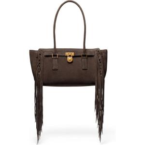 imageMichael Kors Hamilton Nomad Small Shoulder Tote Antique GoldTone HardwareFringe SuedeChocolate